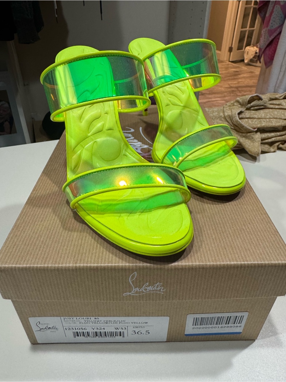 BRAND NEW Christian Louboutin Neon Yellow Iridescent Two‑Strap Slide heels